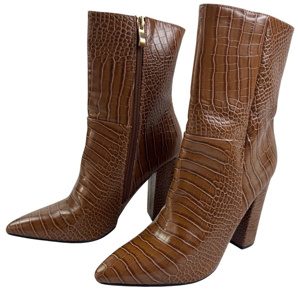 Lulus Brown Croc Embossed Point Toe Block Heel Ankle Boot Sz 8 festival mob wife